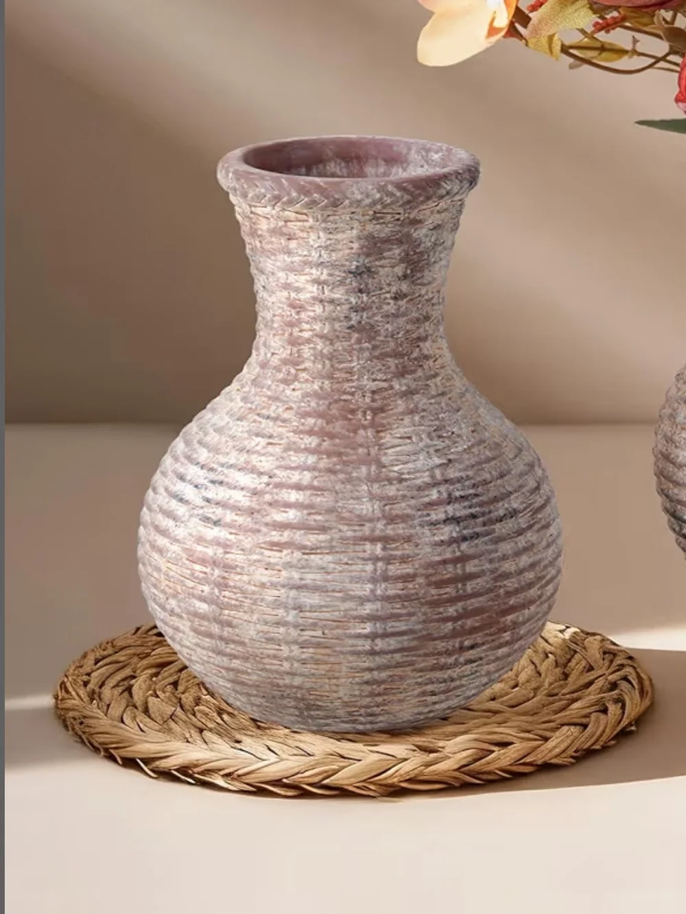 Textured Tan Woven-Style Decorative Vase